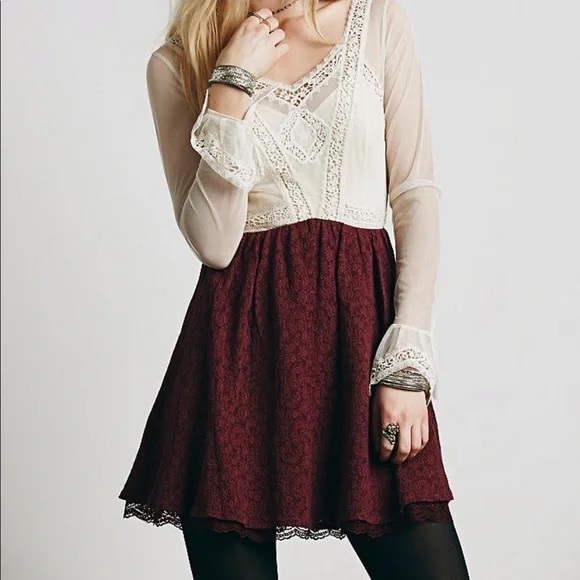 Free People V for Victorian Lace Long Sleeve Jacquard Mini Dress - Picture 1 of 12